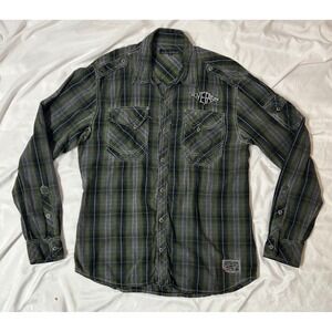 Affliction Black Premium Plaid Button Up Shirt Winged Skull Green Black XL